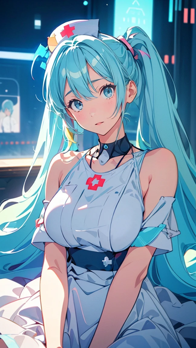 ( Hatsune Miku:1.3)、（sitting:1.5）、((nurse:1.5))、(Large Breasts:1.3)、 1 girl, Alone, colorful, Realistic Skin, Attractive eyes, (1:1.2), beautiful, cute, (Perfect Body 1.2), (Realistic Anatomy 1.2),  Japanese idol, (K-POPアイドル1.2), Realistic photos, RAW Photos, 4K, Fujiflim,  film grain , (Cinema Lighting:1.4),  ray tracing , (perfect Temporarily stop:1.2), Ultra fine, finely,  intricate detail,  Dolby Vision, Temporarily stop,break、(((Very thin body:1.5、Thin body)))、break、((( detailed beautiful depiction of eyes )))、 ((( focused gaze)))、break、,(Blue Eyes 1 .3), (Blue Hair:1.3), break、blush 1.5、break, very short hair, parted bang、(from below:1.1)、