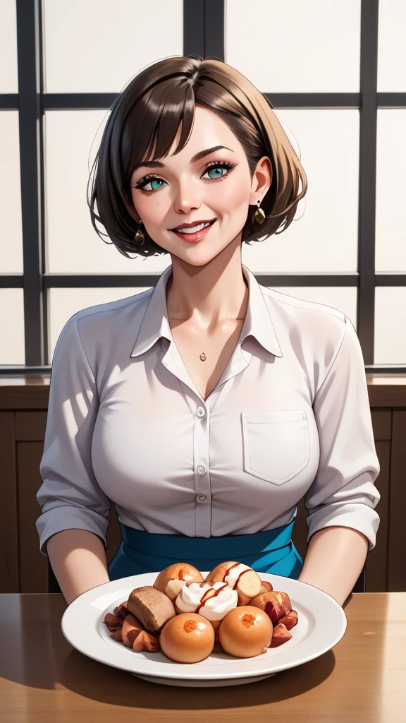 A 30-year-old woman, architect, with short brown hair, a round face, a charming smile, and slightly slanted brown eyes. She wears an elegant, low-cut shirt, which highlights her large breasts.