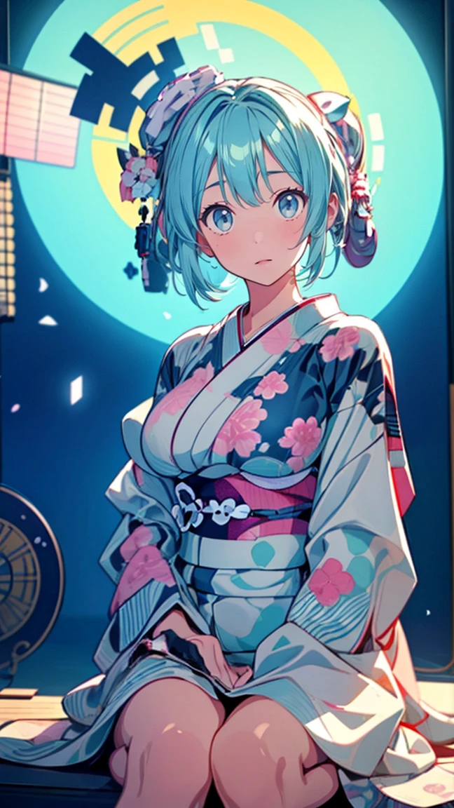 ( Hatsune Miku:1.3)、（sitting:1.5）、((kimono:1.5))、(Large Breasts:1.3)、 1 girl, Alone, colorful, Realistic Skin, Attractive eyes, (1:1.2), beautiful, cute, (Perfect Body 1.2), (Realistic Anatomy 1.2),  Japanese idol, (K-POPアイドル1.2), Realistic photos, RAW Photos, 4K, Fujiflim,  film grain , (Cinema Lighting:1.4),  ray tracing , (perfect Temporarily stop:1.2), Ultra fine, finely,  intricate detail,  Dolby Vision, Temporarily stop,break、(((Very thin body:1.5、Thin body)))、break、((( detailed beautiful depiction of eyes )))、 ((( focused gaze)))、break、,(Blue Eyes 1 .3), (Blue Hair:1.3), break、blush 1.5、break, very short hair, parted bang、(from below:1.1)、