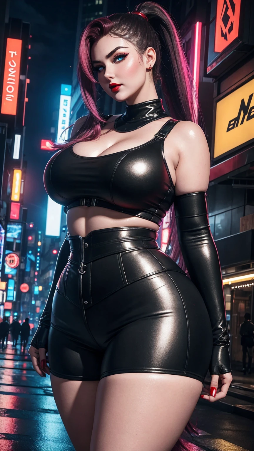 1girl, leather shirt, leather pants, cool attitude, standing pose, beautifully detailed eyes, beautifully detailed lips, extremely detailed eyes and face, long eyelashes, huge breasts, city background, city at night, (best quality, 4k, 8k, high resolution, masterpiece: 1.2), ultra details, (realistic, photo-realistic, photo-realistic: 1.37), bright colors, street lighting,  elise,