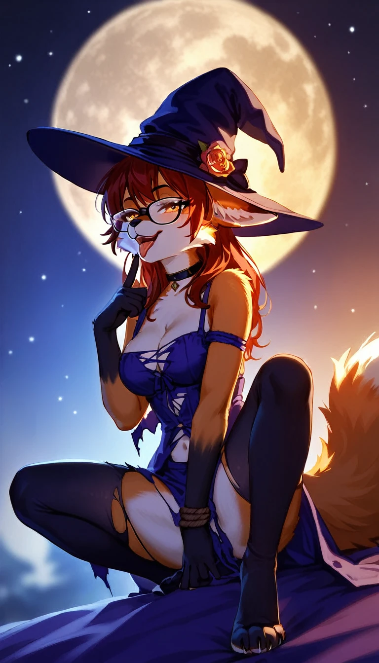 uploaded the e621, beautiful and detailed, woman (((female))) ((anthro)) Fox, (Averi, Fox girl), cinematic lighting, Fox, (anthro, fluffy fur), anthro fox girl, body fur, curvy, sexy, nice, cute, hot, comfortable anime-style cartoon-style, digital drawing, NSFW, pussy, tits, green eyes, nervous smile, sassy, sassy hips, smug, fangs, looking at viewer, forest, night, tree, snow, wizard hat, striped thigh highs, striped thigh highs with pink stripes, wet fur, worm's eye view, low angle view, crouching, seductive pose, behind view, looking back at viewer