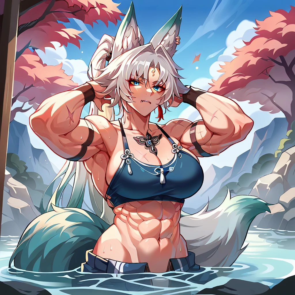 Large biceps, female, toned abs, Japanese hot spring, color, muscular,  FeixiaoDefault, animal ears, long hair, ponytail, gradient hair, white hair, blue eyes,swimsuit, gold forehead jewel, ear piercing, tassel hair ornament, tassel earring,thight strap,arm strap
(animal ears,fox ears,tail),((fox tail:1.5)),((fangs)),((scar on body))