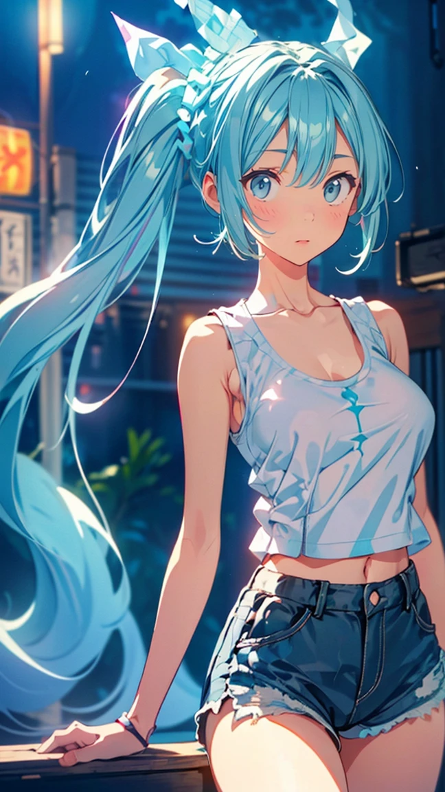 ( Hatsune Miku:1.3)、（squat:1.5）、(( shorts、 tank top:1.5))、(Large Breasts:1.3)、 1 girl, Alone, colorful, Realistic Skin, Attractive eyes, (1:1.2), beautiful, cute, (Perfect Body 1.2), (Realistic Anatomy 1.2),  Japanese idol, (K-POPアイドル1.2), Realistic photos, RAW Photos, 4K, Fujiflim,  film grain , (Cinema Lighting:1.4),  ray tracing , (perfect Temporarily stop:1.2), Ultra fine, finely,  intricate detail,  Dolby Vision, Temporarily stop,break、(((Very thin body:1.5、Thin body)))、break、((( detailed beautiful depiction of eyes )))、 ((( focused gaze)))、break、,(Blue Eyes 1 .3), (Blue Hair:1.3), break、blush 1.5、break, very short hair, parted bang、(from below:1.1)、