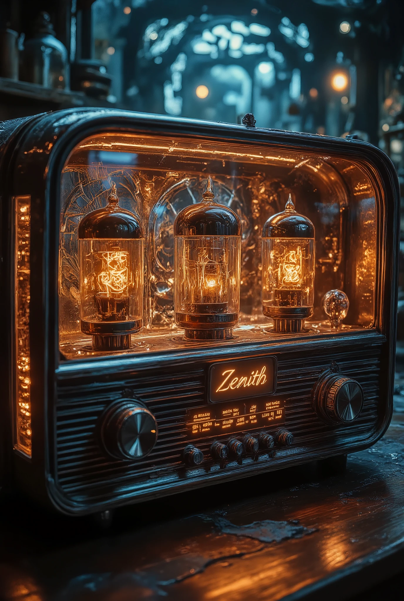 vintage "Zenith Electric" radio, glowing amber vacuum tubes,  front panel.  Fantasy Illustration, Light Painting, Fluorescent, Halogen, Neon Lighting, Nikon D850, Macro Lens, Prime Lens, Beige Color, Cyan Color, chiaroscuro, Mahogany Color, otclillsn, Bokeh Effect, Prism Effect, Aluminum, Optical Fiber, Yttrium Aluminum Garnet, midjourneyv6.1, Fantasy, Supernatural, Luminous Labyrinth Backdrop, By Greg Rutkowski