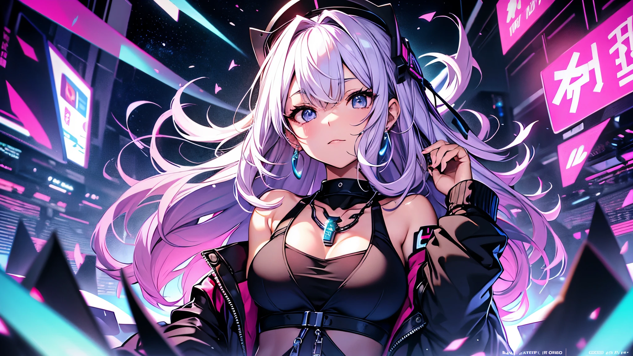 Highest quality、Highest quality、Masterpiece、girl((20-year-old、as soon as、Highest Bust、Medium Bust、Wide open chest、Red glowing eyes、Black Ear、Red Mesh、Disheveled Hair、Loincloth、thin、The best valley、Open chest、hair ornaments、Full body view、Black Universe Suit、Black Skirt、Random Pause、smile、headphone、Chain Accessories、necklace))、high quality、Beautiful Art、background((Collapsing Ground、no gravity、Floating Object、shooting star、universe、comet))、Depth((Earth))、flight、Flying Debris、Depth of text、movie、Visual Arts、Perfect Art、8K、Genuine、Special Angles