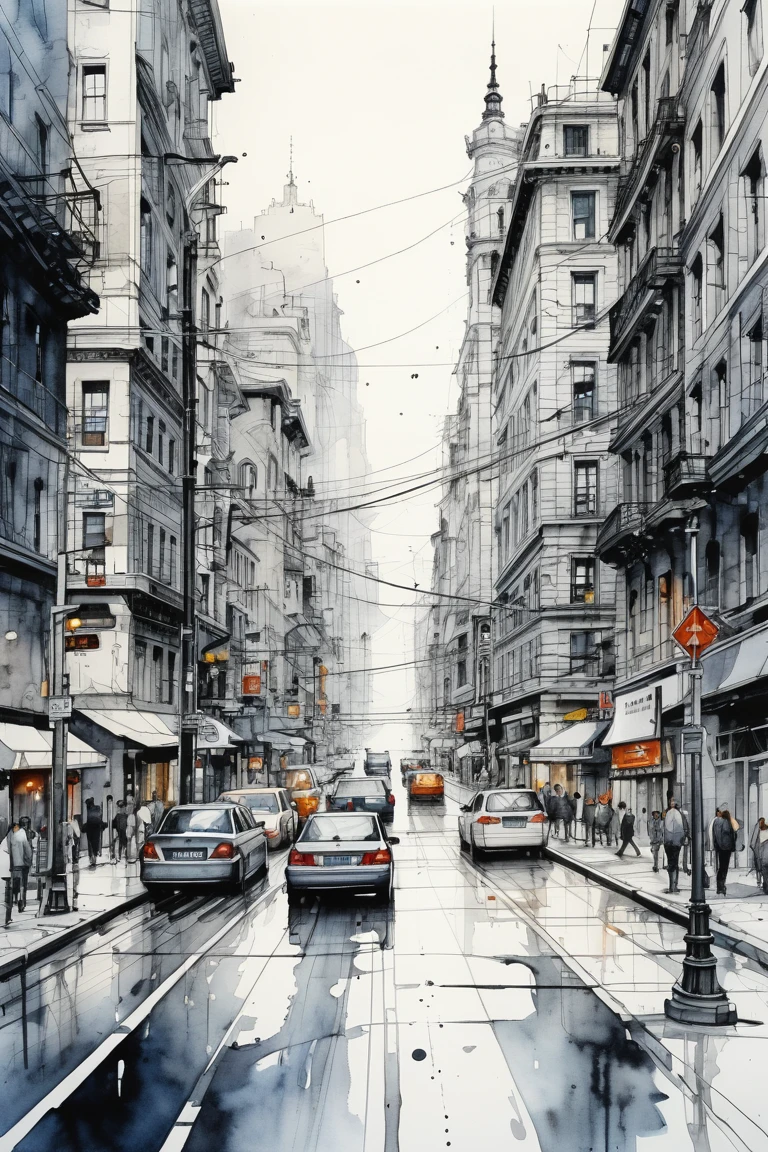 Big city, ink and wash, fluid lines,light watercolors, street and roadcross from creative perspective, (Best quality, perfect masterpiece, Representative work, official art, professional, High detail, Very complex detailed:1.3)