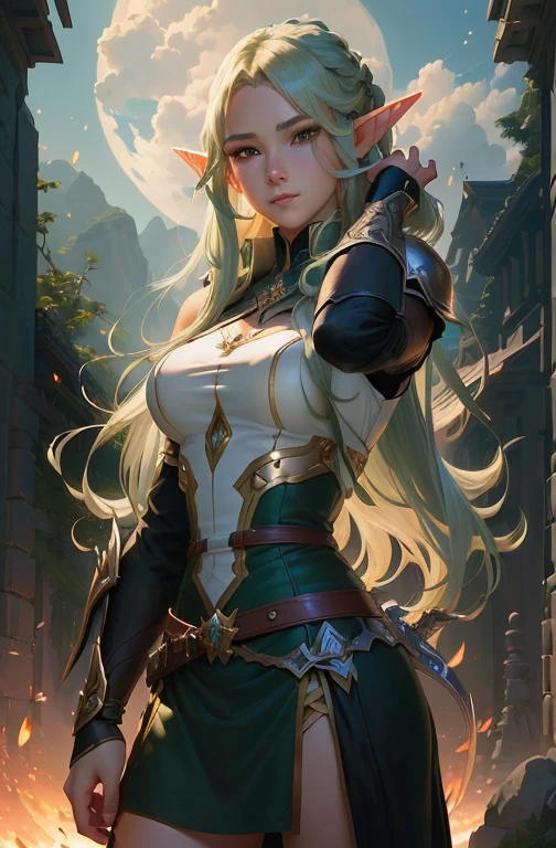 Fantasy, medieval, ((best quality)), ((masterpiece)), (detailed), perfect face, beautiful sexy elf, standing, heroic pose, brunette, big eyes, blue eyes, black eyeliner, freckles, laurel crown, gold elven armor, skin tight, cameltoe, greatsword on the back, outdoors, gloomy forest, battlefield