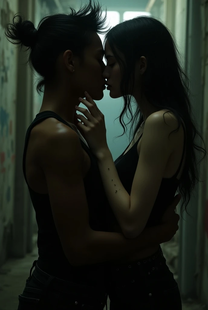 (masterpiece, best quality), 1girl and 1 man, claireredfield2, wear black underwears, kiss the man , girl back, the man is pressing girl against the wall indoors, wedding night