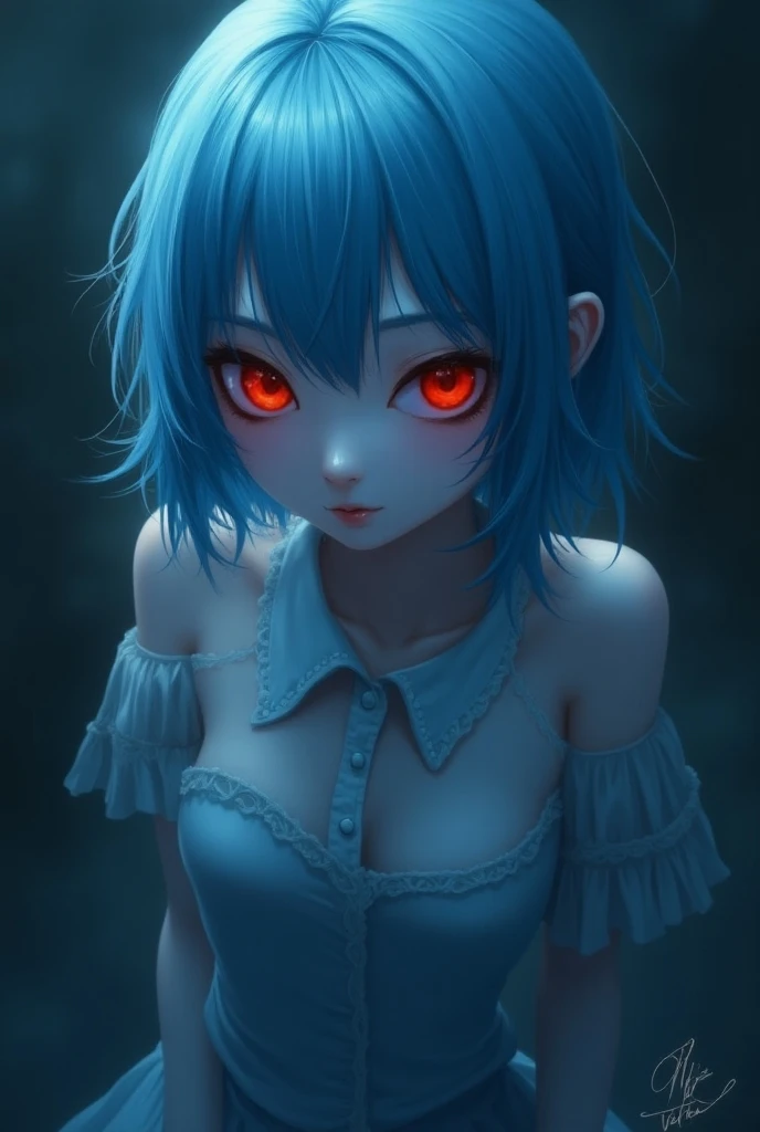 ANIME STYLE, blue haired girl, red eyes, slender body, And an advantage at apparently 19 years old, A beautiful but creepy Ghoul