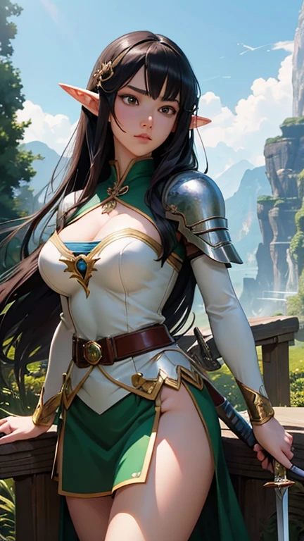 world Tree、ethnic group、Cute girl、Long hair、Fairy ears、Big breasts、Thin waist、wearing a leaf-style skirt、Bow and arrow in hand