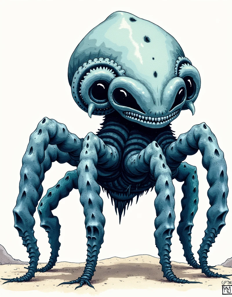 (extremadamente detallado, obra maestra, La mejor calidad), Estilo oscuro, intense illumination, rostro con arrugas, lengua larga, tentacle, deforme, monstruoso, alien con Colmillos finos, pico de pulpo amenazante. manchas de tinta. Rococo composition. Luz de caravaggio