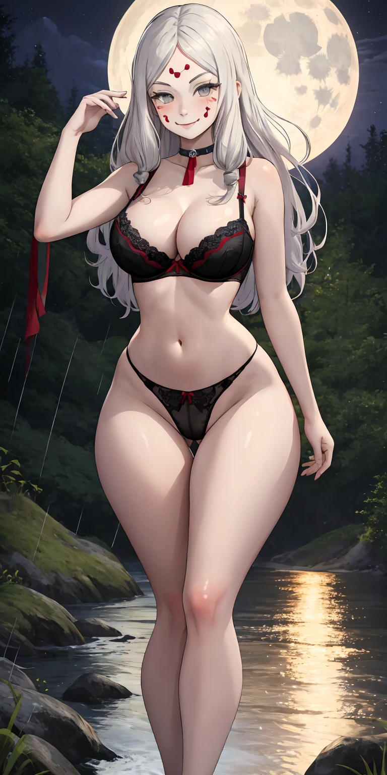 masterpiece, best quality, extremely detail 8k cg, high resolution, 1girl, mature female, MTSpiderV4, white hair, hair ornaments, forehead mark, facial markings, pale skin, grey eyes, gigantic breasts, black bra, black panties, highleg panties, black lingerie, cleavage, navel, midriff, thigh gap, collarbone, choker, beautiful face, smile, night time, moonlight, outdoors, forest, river, raining, medium full shot