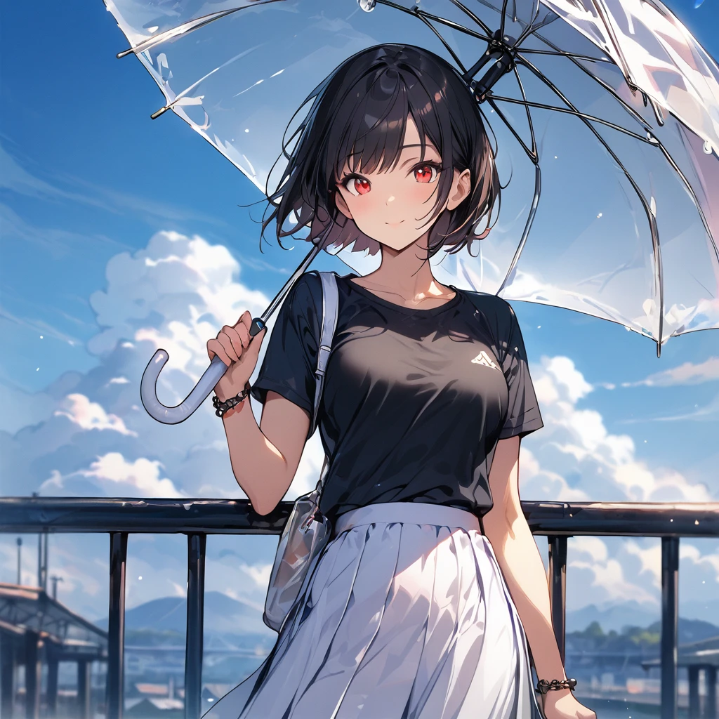 ,(masterpiece:1.2, high quality), (pixiv:1.4),TIV, one girl, transparent, umbrella, skirt, sky, solo, holding, black hair, outdoors, bag, clouds, looking at viewer, shirt, short hair, holding umbrella, white skirt, bangs, transparent umbrella, railing, jewelry, short sleeves, closed mouth, red eyes, teruterubouzu, ((black jacket rolled up)), blue sky,((white headband)), blurred, black shirt, standing, cloudy sky, smile, collarbone, , depth of field, day, open clothing, bracelet, pink jacket, bridge, cowboy shot
