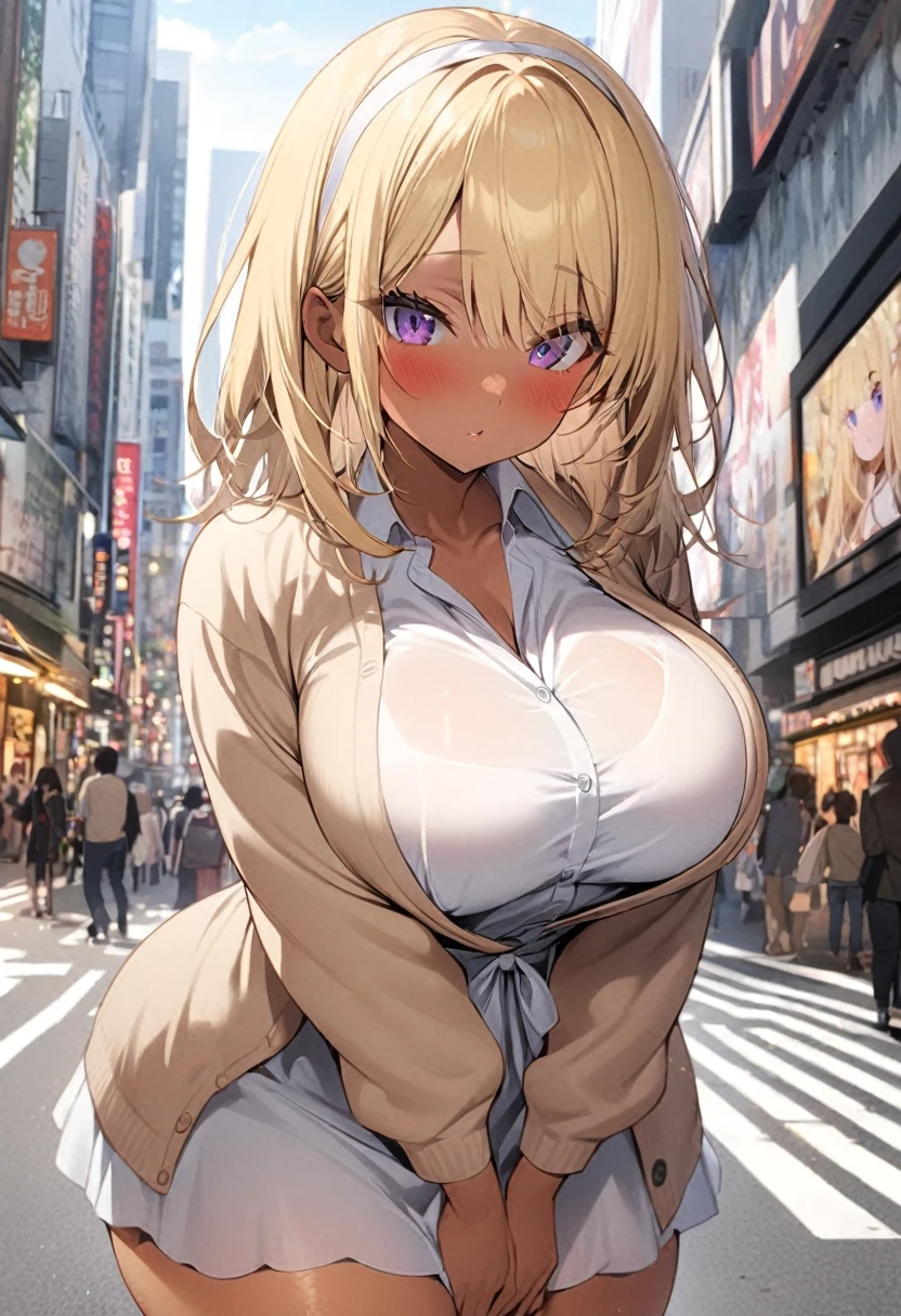 one girl, light skin, blonde hair, long blonde hair, purple Eyes, long eyelashes, white hair band, tan cardigan, white dress, cardigan over dress, large breasts, thick thighs, blush, arms together, shibuya background, daytime, looking at viewer