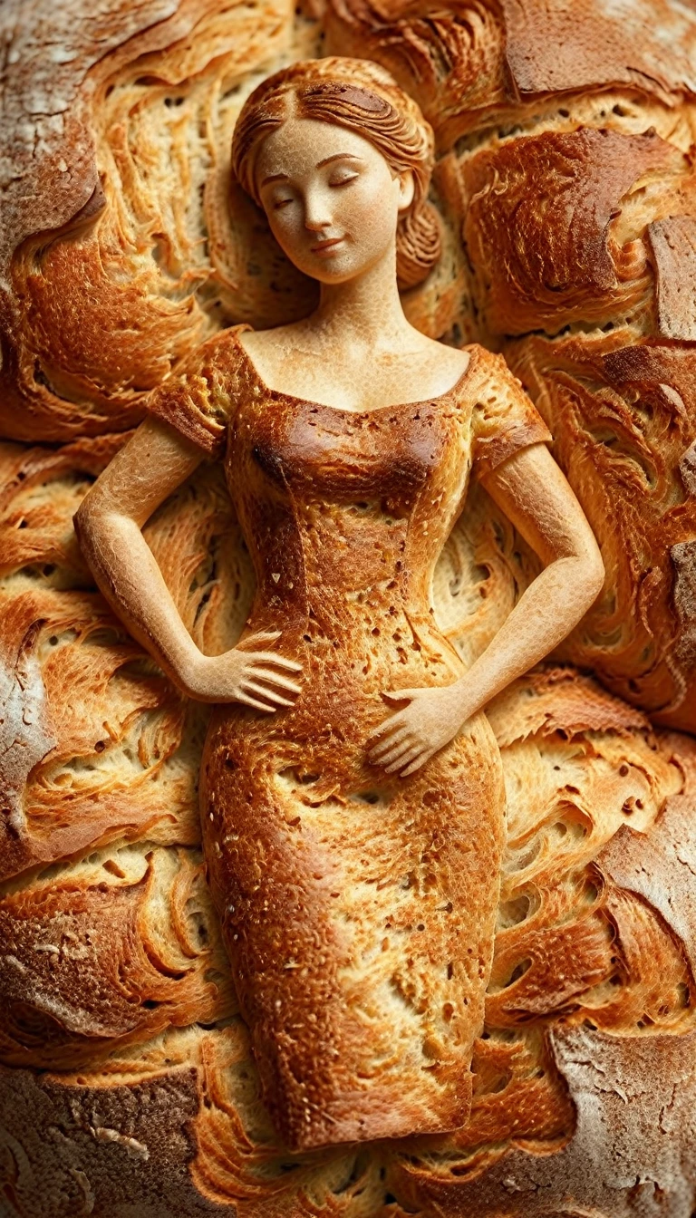 a small bread figure of woman, made of piece of bread, detailed bread texture, elegant dress made of burnt bread crusts, delicate features, intricate bread details, bread art,  warm lighting, artful composition, intricate details, soft pale colors, cinematic atmosphere, elegant pose, beautiful lighting and shadows, realistic 3d rendering, high quality, masterpiece, bread texture