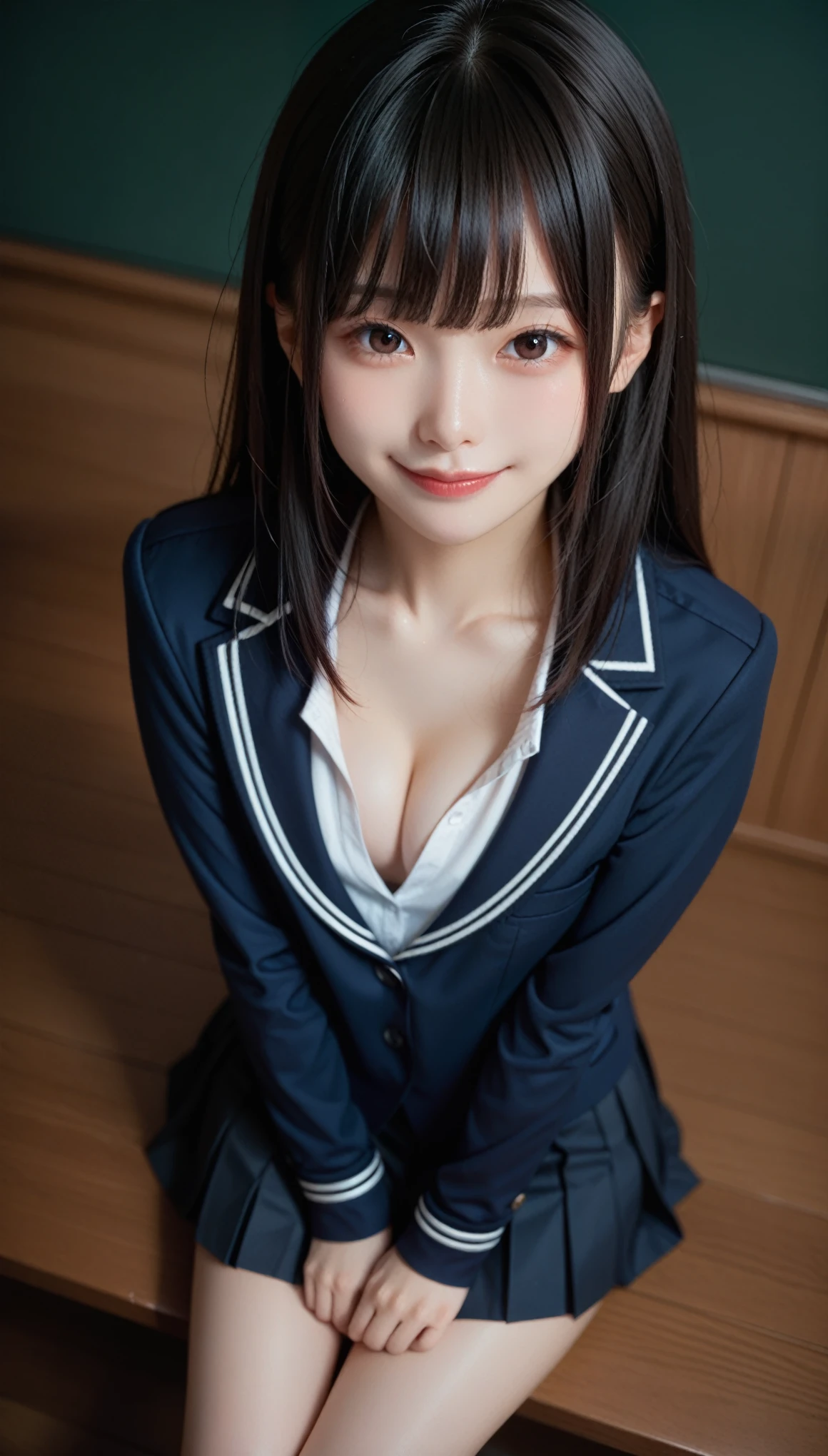 score_9,score_8_up,score_7_up,best,quality,ultra detailed,absolutely resolution,1 girl,Black hair,straight hair+asymmetry bangs,School uniform+long sleeve+cleavage,Smile,from above,looking at viewer,downtown at night