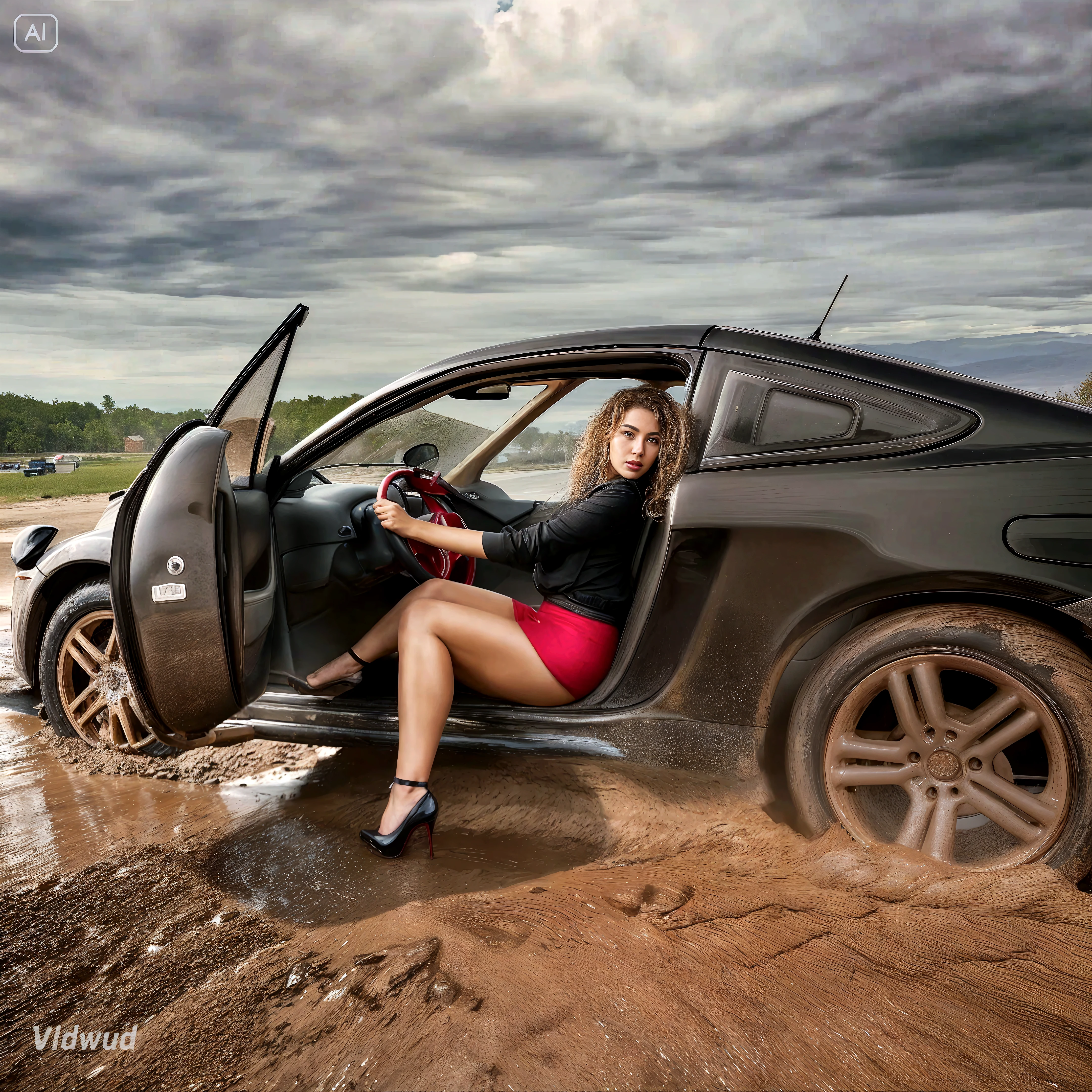 Black Peugeot 508 with registration CZ-404-ZY from 2013 in a city with a girl in a bikini cleaning it