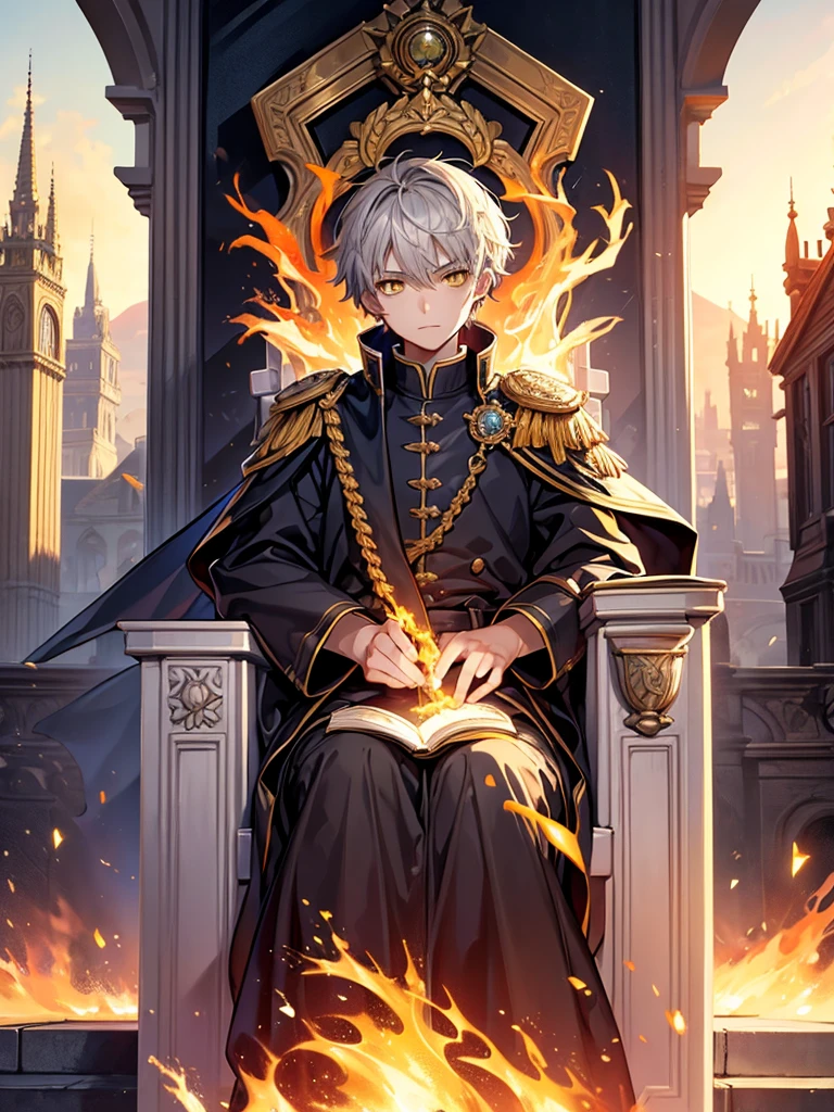 High detail, clarity, 8kk, Throne of Fire, young guy, 18 years old, light gray hair, short haircut, yellow eyes, with blue sky behind, fiery steps to the sky to the throne in front, realism, fantasy,