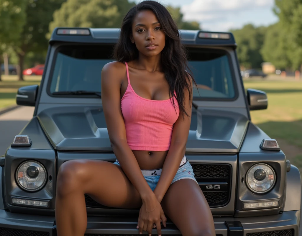 Prompt: 22 years old african girl, black eyes, black straight hair,looking_at_viewer,medium tight , 5.1 foot height ,short height , huge hips , huge ass,Dark black skin color, chocolate skin color, perfect eyes, perfect skin detailed skin,big ,zoom out angle full body ,natural photo ,Clothes: she is completely naked.
Pose: Sitting in the driver’s seat with one hand on the steering wheel and the other resting on her lap. She has a relaxed, content smile and looks out the window.
Background: The interior of a car with a view of the road and trees outside the window..(4k, ultra detailed)