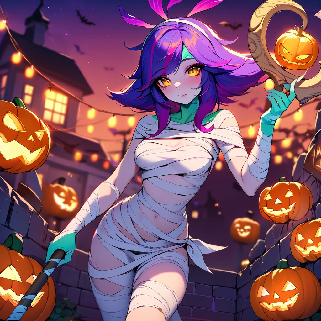 
masterpiece, high quality, detailed background, neeko, dressed as a mummy, with bandages around the body, with an Egyptian staff, pumpkin, Halloween, background of a house decorated with lights