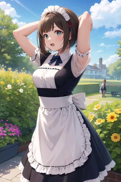 masterpiece,  best quality ,  High Resolution , Look Ahead,  short hair, tooth, Maid headdress, Maid, dress, apron, garden,  standing,  arms on the side of the mign, Blue Sky,