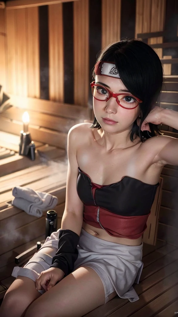 1 girl, uchiha sarada in anime boruto, short hair, black hair, brown eyes, Wearing red glasses, smile, (((small breasts、small breasts、flat chest)))、vagina、lie down in bed、open your legs、spread legs、spread your legs、shaved pussy、Konoha emblem iron headband, 詳細なvagina,vaginaを見せる、raise your hand、sex porn exposure, （Highly detailed CG Unity 8K wallpaper),  Glossy skin, shiny skin, slim and slender body, stomach, slim waist, small breasts, flat chest, nipple, nipple, red eye color, red frame eyeglasses, Konoha emblem iron headband,  fascinating, spread legs, spread your legs, wet sweat all over, (((girl having sex))), 巨根が彼女のvaginaを貫通した, Cowgirlセックス, Cowgirl, riding Great cock, Great cock, 詳細なvagina, NSFW、(((semen、ejaculating penis、sperm)))、smileで視聴者を見つめる、vaginaから白い液が垂れる