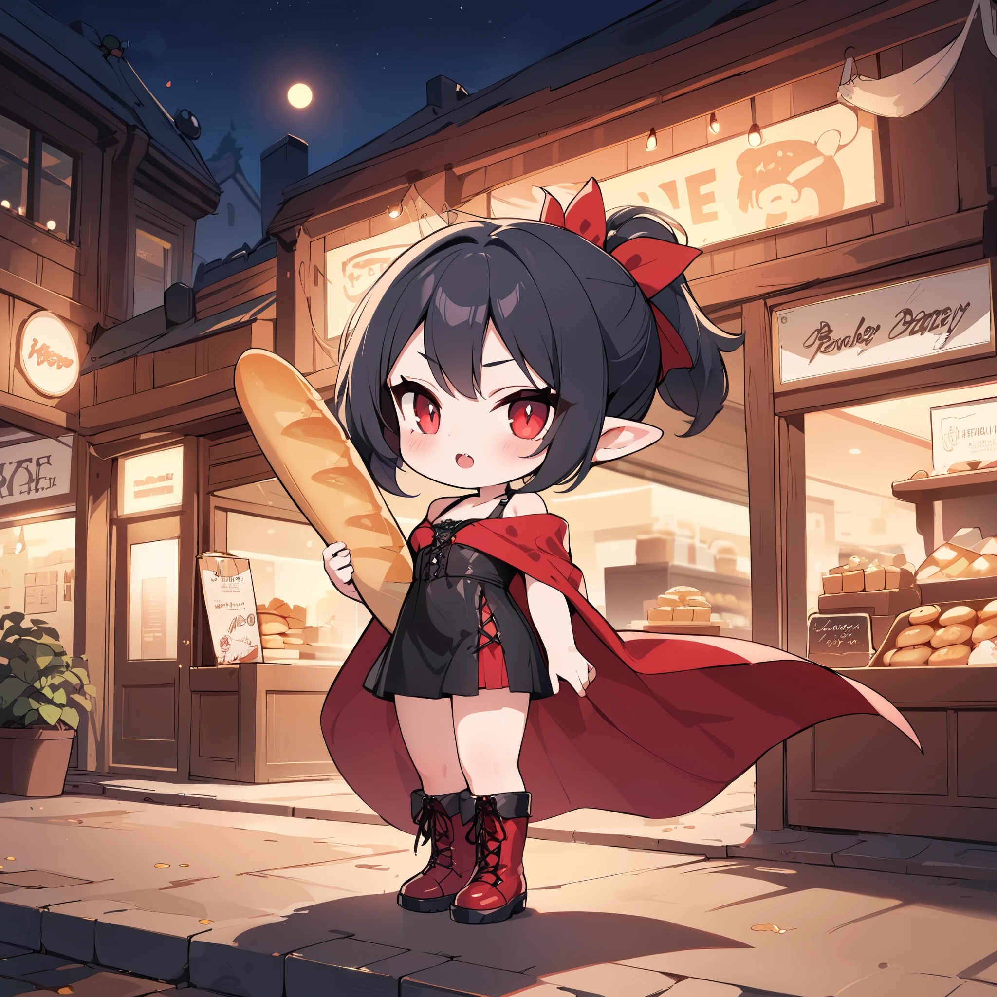 (masterpiece, best quality:1.2), super detailed, 2D artwork, chibi, cute, 1girl, vampire fang, black hair, short ponytail with red ribbons, red eyes, beautiful eyes, snake pupils, pointy ears, off shouder black sundress with red cloak, high leather boots, standing pose, (holding a long baguette:1.2), bakery store background, at night, UHD