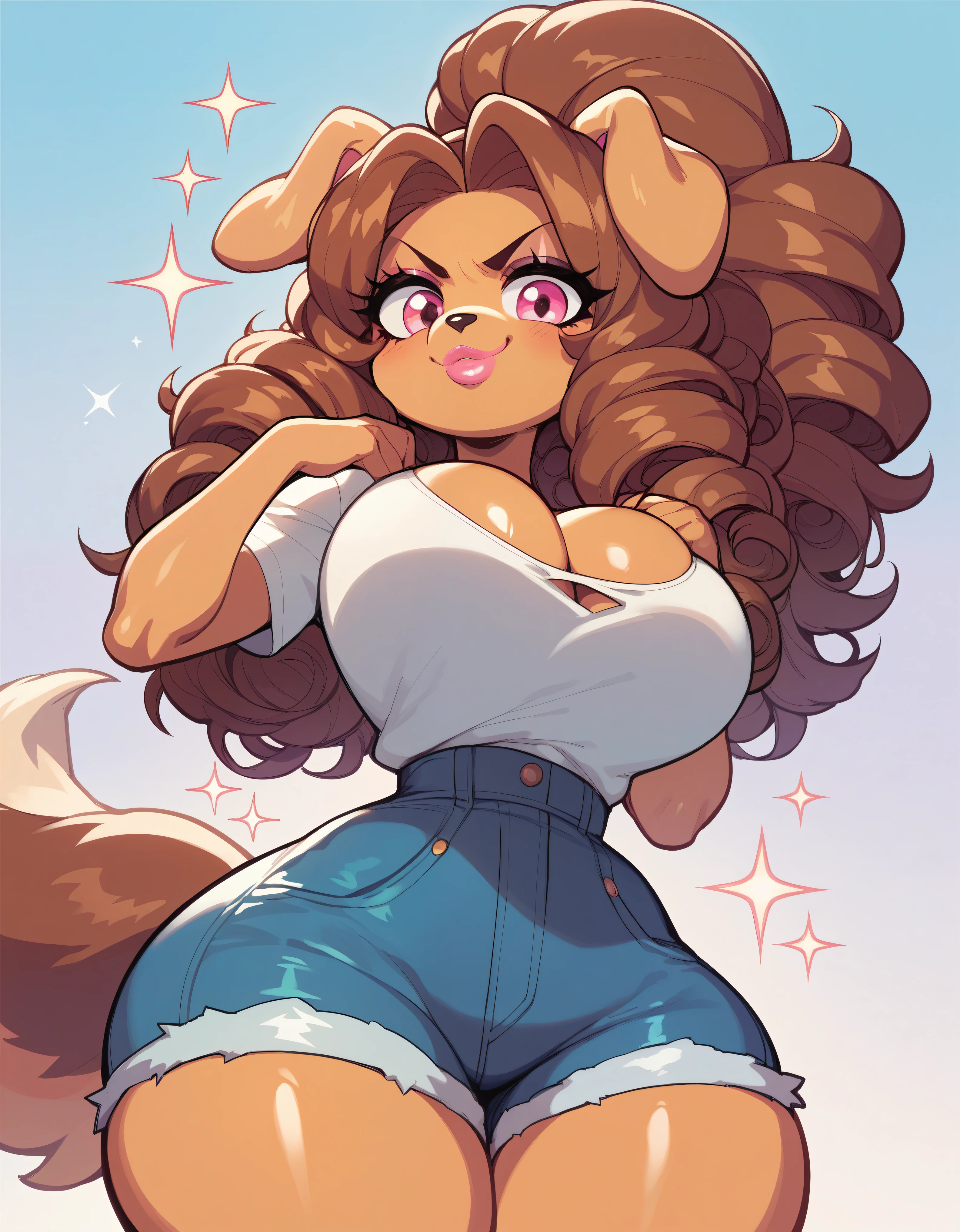 best quality,best resolution,(fluffy anthro furry :1.3),dog girl,pink eyes,glowing eyes,neon eyes,glistering eyes,brown long hair,light brown fur,moaning face,desire smile,full face blush,heavy breath,very hot,heart eyes,heart expression eyes,shy pose,straddle viewer,showing ass,from behind, sexy pose, by by buta99, by chelodoy, by spikedmauler, by cervina7, solo, female, standing, looking at viewer, ((hair, snout)), smiling, lips, eyelashes, eyeliner, big breasts, cleavage, light brown hair, light brown fur, pink eyes, sexy, long light hair, skinny, canine, pink, domestic dog, wavy hair, small waist, huge thighs, , big eyes, pink clothes, mini skirt, huge , kawaii background, bikini, shiny skin, pink lips, bimbo, hair in ponytail, skinny waist, huge hips, pink lips, from above, looking up at viewer