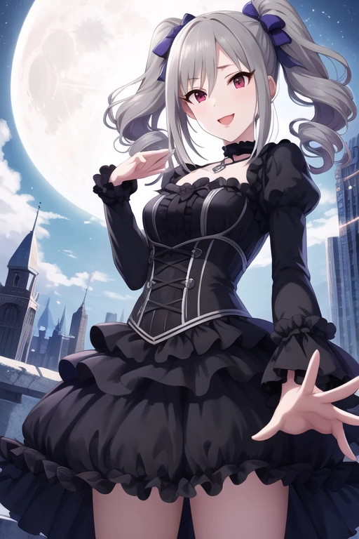 masterpiece,  best quality ,  High Resolution , Arlanco, Long Hair,  twin tails, twin drills, Hair Ribbon, medium breasts,  choker,  clevis, frills, gothic, dress,  Long Sleeve ,  Reach Out , smile,  opens her mouth,  Knight , city,  cowboy shots, moon,  Knight 