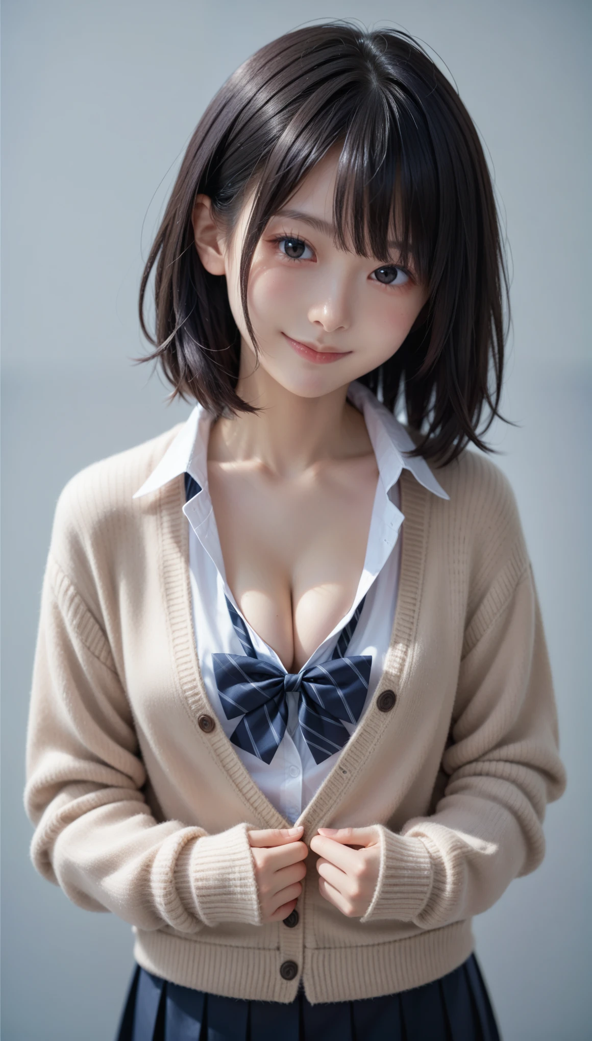 score_9,score_8_up,score_7_up,best,quality,ultra detailed,absolutely resolution,1 girl,Black hair,medium hair+center part,School uniform,long sleeve,cardigan,cleavage,Smile,from front,looking at viewer