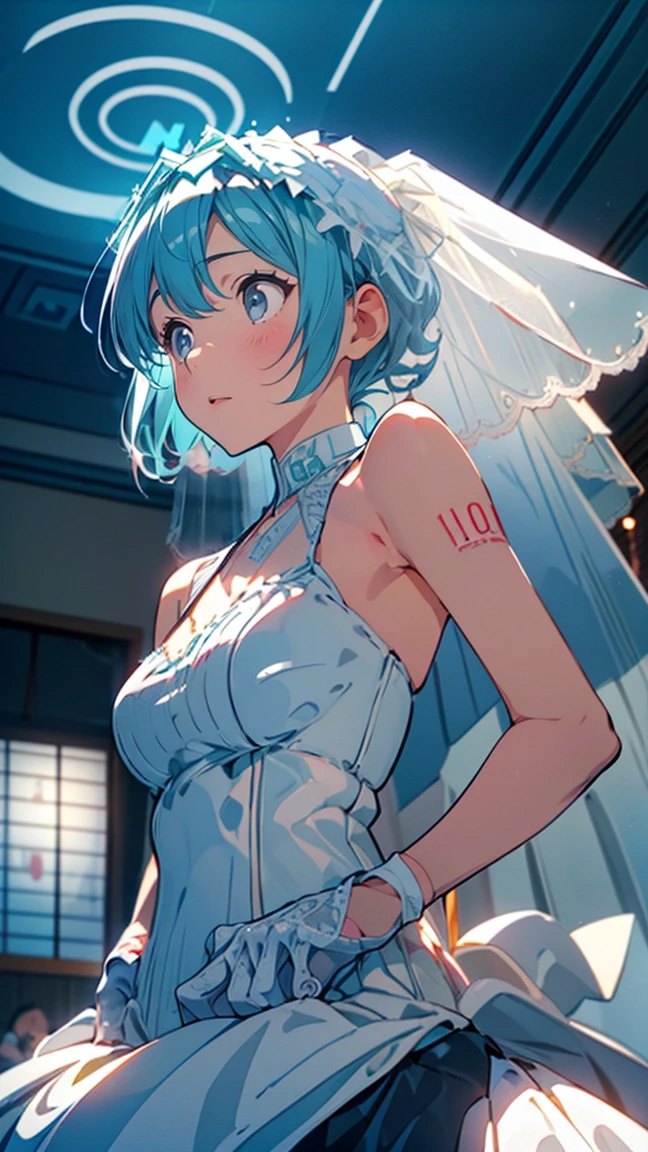 ( Hatsune Miku:1.3)、（squat:1.5）、((　 long gloves、Wedding Veil、 Wedding Dress:1.5))、(Large Breasts:1.3)、 1 girl, Alone, colorful, Realistic Skin, Attractive eyes, (1:1.2), beautiful, cute, (Perfect Body 1.2), (Realistic Anatomy 1.2),  Japanese idol, (K-POPアイドル1.2), Realistic photos, RAW Photos, 4K, Fujiflim,  film grain , (Cinema Lighting:1.4),  ray tracing , (perfect Temporarily stop:1.2), Ultra fine, finely,  intricate detail,  Dolby Vision, Temporarily stop,break、(((Very thin body:1.5、Thin body)))、break、((( detailed beautiful depiction of eyes )))、 ((( focused gaze)))、break、,(Blue Eyes 1 .3), (Blue Hair:1.3), break、blush 1.5、break, very short hair, parted bang、(from below:1.1)、