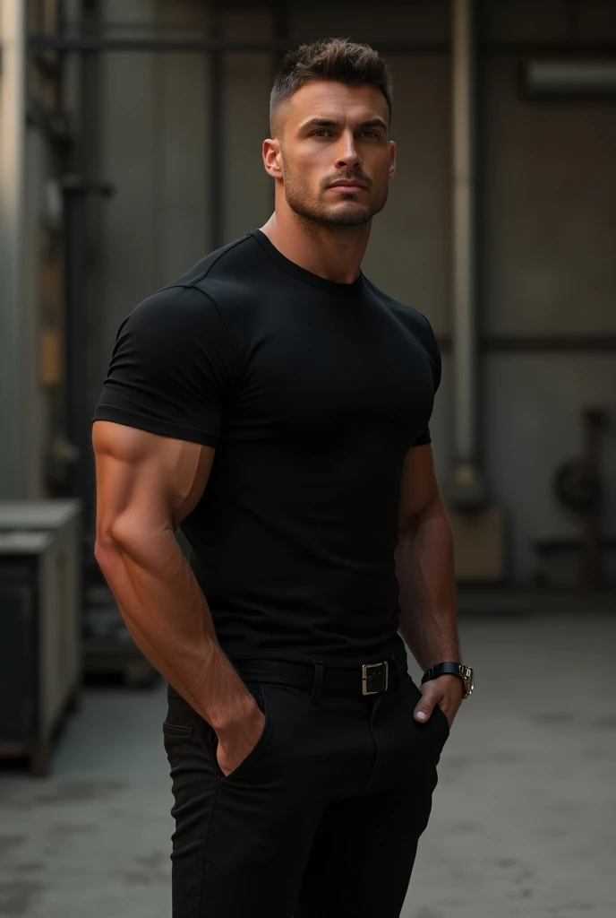 tall, well-built man, short beard, very short gray hair, black cargo pants, gray t-shirt, 60 years old man