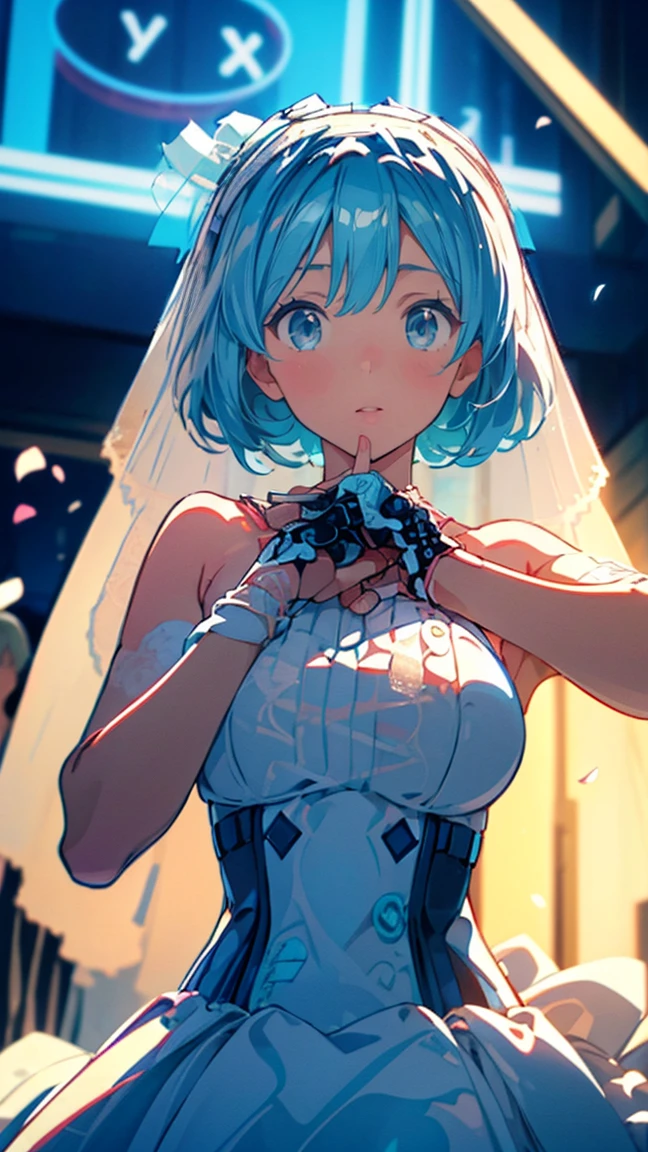 ( Hatsune Miku:1.3)、（squat:1.5）、((　 long gloves、Wedding Veil、 Wedding Dress:1.5))、(Large Breasts:1.3)、 1 girl, Alone, colorful, Realistic Skin, Attractive eyes, (1:1.2), beautiful, cute, (Perfect Body 1.2), (Realistic Anatomy 1.2),  Japanese idol, (K-POPアイドル1.2), Realistic photos, RAW Photos, 4K, Fujiflim,  film grain , (Cinema Lighting:1.4),  ray tracing , (perfect Temporarily stop:1.2), Ultra fine, finely,  intricate detail,  Dolby Vision, Temporarily stop,break、(((Very thin body:1.5、Thin body)))、break、((( detailed beautiful depiction of eyes )))、 ((( focused gaze)))、break、,(Blue Eyes 1 .3), (Blue Hair:1.3), break、blush 1.5、break, very short hair, parted bang、(from below:1.1)、