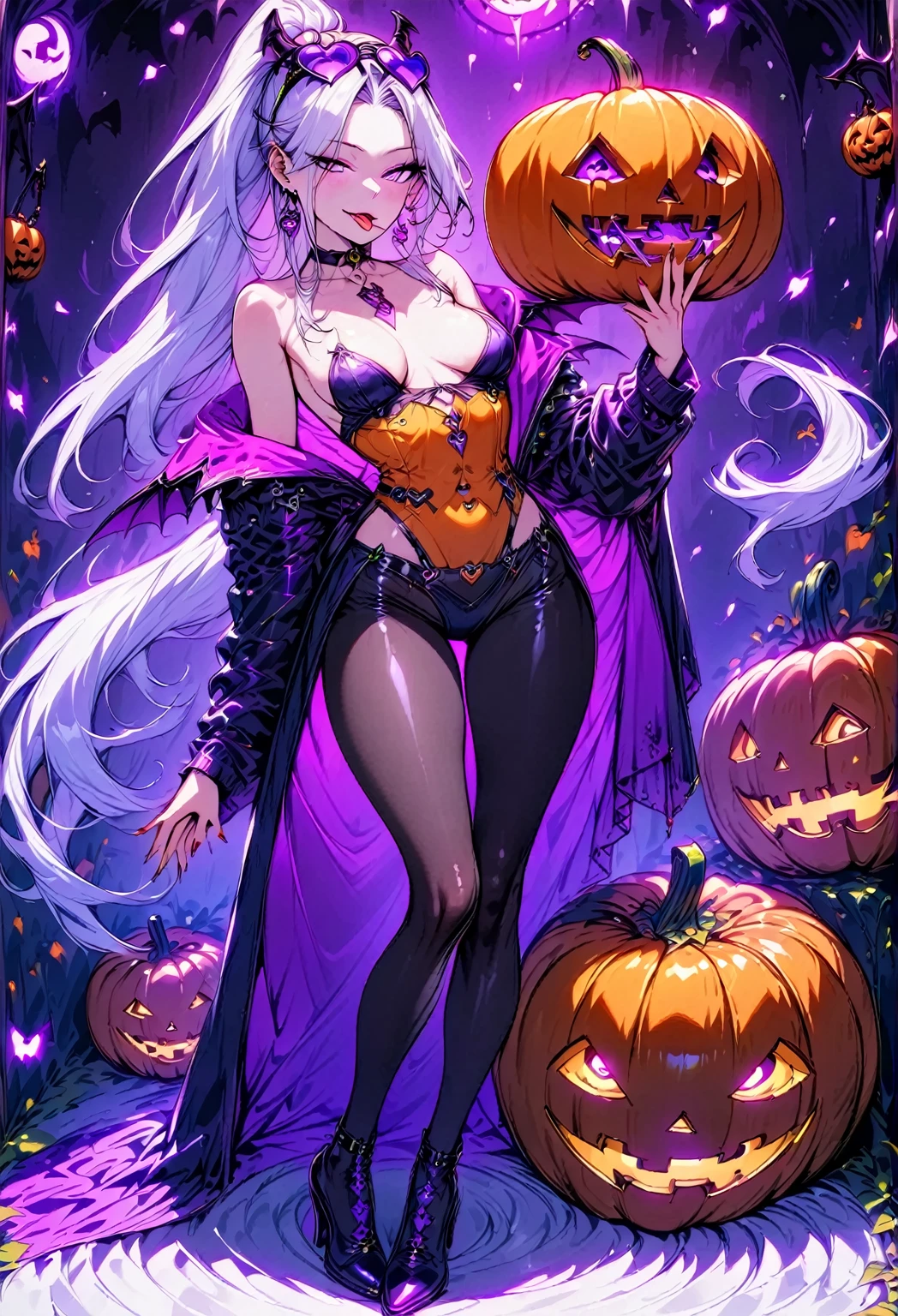  young beautiful woman,(Best Quality,Very detailed depiction, Incredible High Resolution , Anatomically Accurate Depiction ,High quality anime drawings),(Halloween little devil),(Succubus Costume, orange costume showing chest, has sunglasses on her head, earrings, choker,Black tights,),(Silver Hair, ponytail,Purple Eyes,Eyes half closed:1.2,Glossy lips,A seductive smile:1.2, beautiful skin in NFSW,Beautiful legs,Model pose,Standing posture:1.3,Sticking out his tongue mischievously),(Full body image:1.3),Purple light:1.3,Side view:1.3, Jack O Lantern,Halloween atmosphere