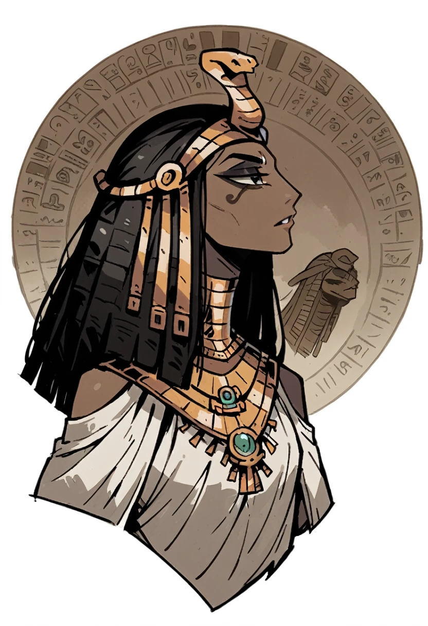 Create a female anime character with visual elements inspired by ancient Egyptian paintings. She should have the slender, stylized body proportions and profile view commonly seen in Egyptian art, combined with anime-style facial features. Her eyes are large and almond-shaped, with dramatic black eyeliner similar to the kohl makeup worn by ancient Egyptians. She wears traditional Egyptian clothing, like a flowing linen dress with gold jewelry, including a wide collar necklace and a headdress resembling the sun disk and cobra. The character should convey a sense of regality and mystery, blending the elegance of ancient Egypt with the expressive style of anime. Profile view