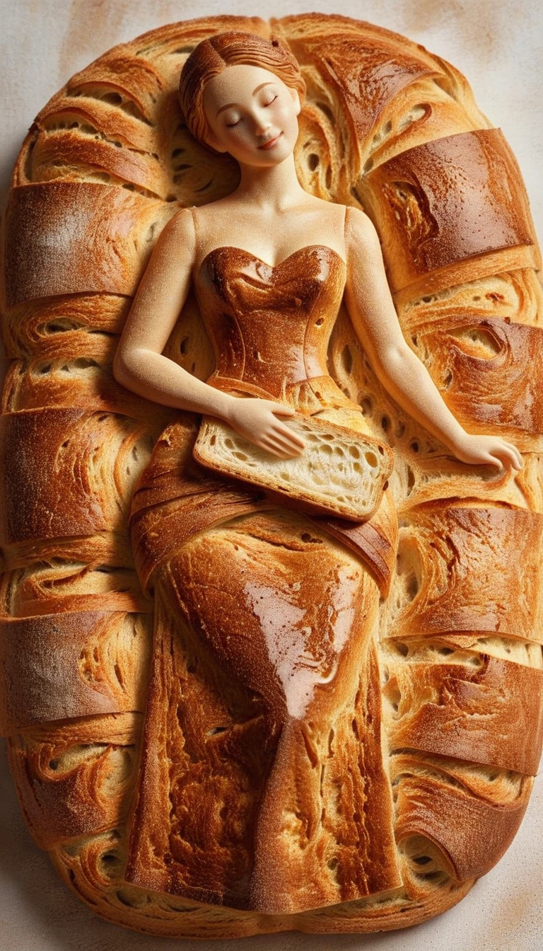 a small bread figure of woman, made of piece of bread, detailed bread texture, elegant dress made of burnt bread crusts, delicate features, intricate bread details, bread art,  warm lighting, artful composition, intricate details, soft pale colors, cinematic atmosphere, elegant pose, beautiful lighting and shadows, realistic 3d rendering, high quality, masterpiece, bread texture