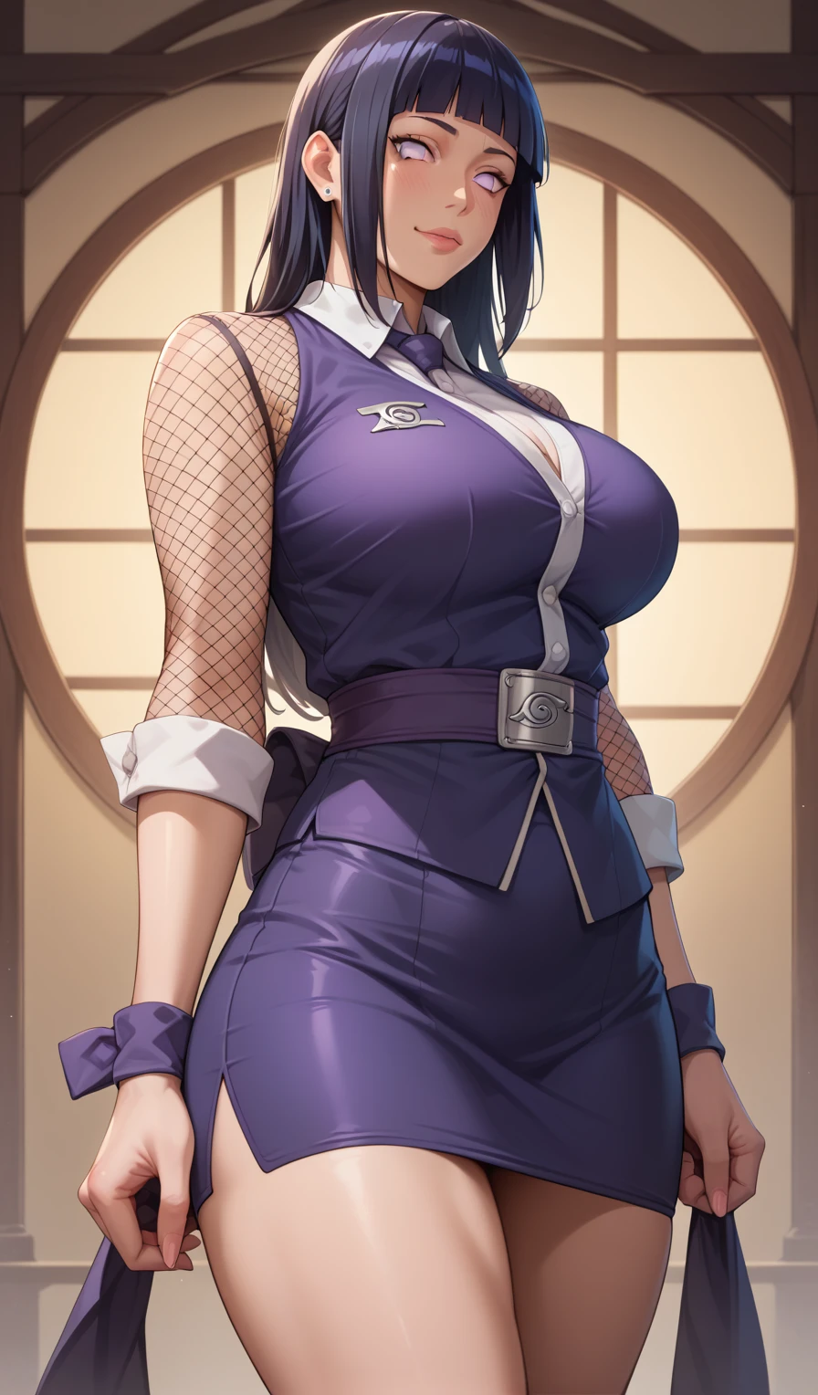 ((masterpiece)), Highest quality, Very detailed, master piece, best quality, hyuuga_hinata, big breasts, long hair,fishnet suit, standing, naruto headbang, ninja outfit, masterpiece, best quality, detailed face, detailed eyes, highres, nsfw, shirt, tight skirt,, nsfw, Score_9, Score_8_up, Score_7_up, Score_6_up, Score_5_up, Score_4_up, Source_anime, Tag1, Tag2, Best quality, High quality, Detailed, High resolution, 8k, Ultra high res, Soft saturation, Professional quality, Perfect contrast, Perfect lighting, Anatomically correct, Huge breasted, Wide hips, Gargantuan butt, Sensual woman, mature female, milf, motherly, seductive BREAK Face focus, standing