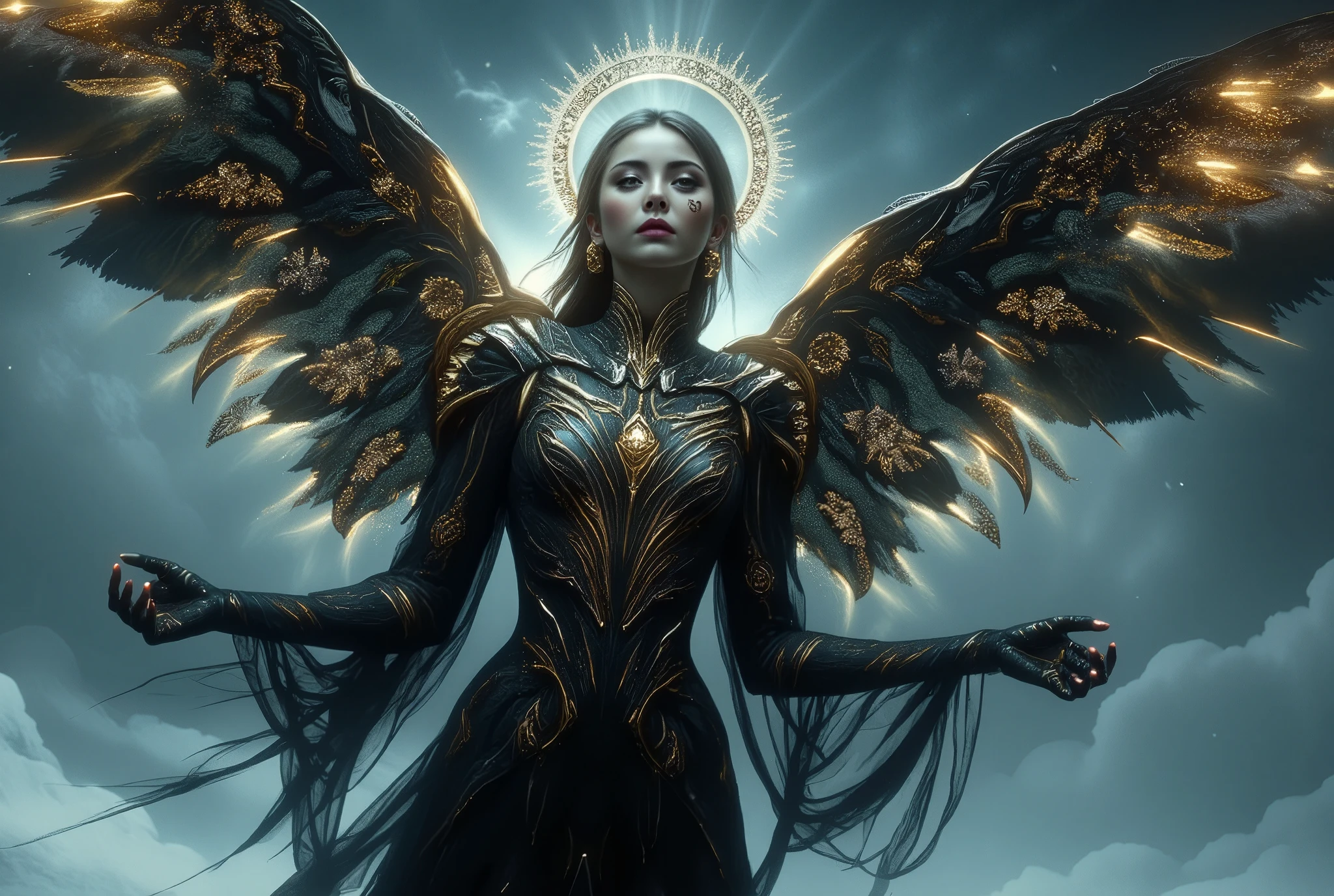 "An ultra-realistic cybernetic angel soars through a stormy winter sky, her radiant presence a fusion of divine grace and advanced technology. With a beautiful, serene face framed by glowing metallic accents, she embodies both mythology and sci-fi aesthetics. A black Gothic dress with intricate golden floral embroidery flows as she moves, and a luminous holy halo hovers above her head, shining like a celestial beacon.
Her cybernetic wings, a blend of sleek machinery and angelic feathers, emit sharp streaks of light that pierce through the frosty air. Below, the snow-covered landscape contrasts the dark, stormy clouds, adding depth to the dramatic scene. Her glowing eyes, with detailed irises, scan the world below with purpose, while the wind sweeps across her face, highlighting her sharp contours.
Captured with ultra-realistic lighting, the visual rhythm of the scene emphasizes the interplay of shadows and light. The intricate details of her dress, her metallic wings, and the snow swirling around her create a masterpiece of both beauty and technology, embodying the fusion of mythological power and cybernetic enhancement."