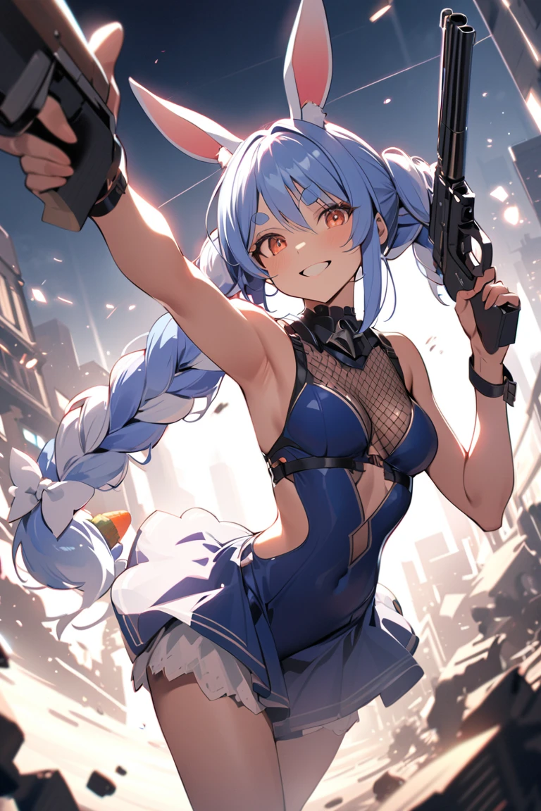 hiquality、Girl in sexy bikini swimsuit running、explosions、loimu、story、big explosion、Cyber Headphones、Silvery hair、poneyTail、Purple Eyes、Super explosion、Have a gun、Street、large full breasts、bustup