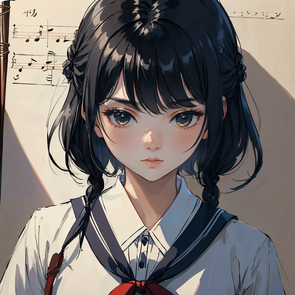 1 girl, manuscript,  Great Performance, illustration,  Very nice and beautiful ,   with perfect detail  ,  realistic portrait

Tied up, black hair, school uniform