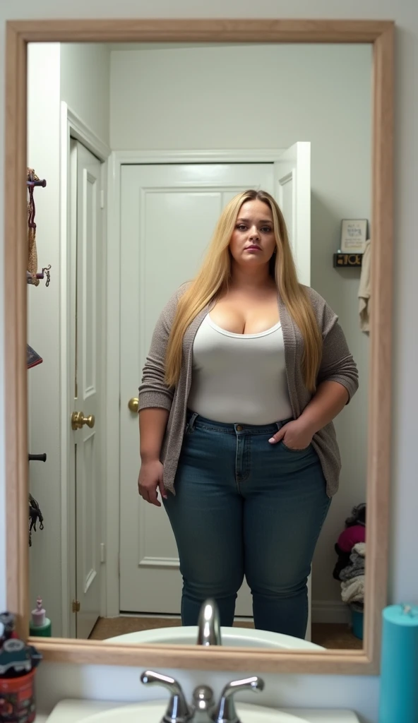 40 year old chubby North American blonde woman taking a mirror selfie in her bathroom, wearing white neckline t-shirt with no bra underneath and blue jeans pants, busty cleavage, visible big cleavage, daily long blonde straight hair, big large breasts, big hips, thick thighs, big ass, serious,accurate details, north American messy bathroom, daily make-up and lipstick