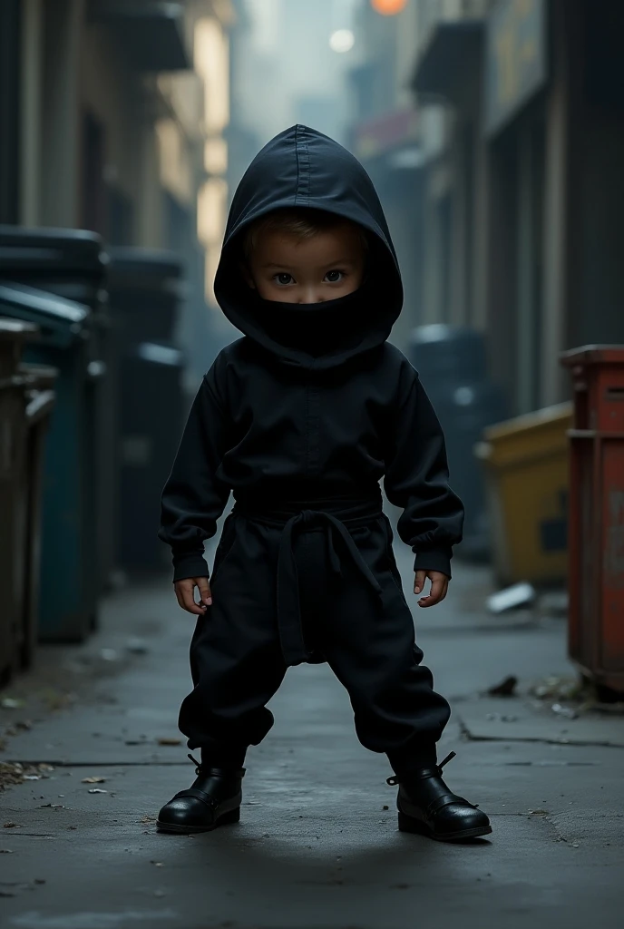 A boy in a black bunny hoodie, WEARING BLACK PANTS, White sneakers, black hair and a little messy, with a black mask covering his mouth and nose.