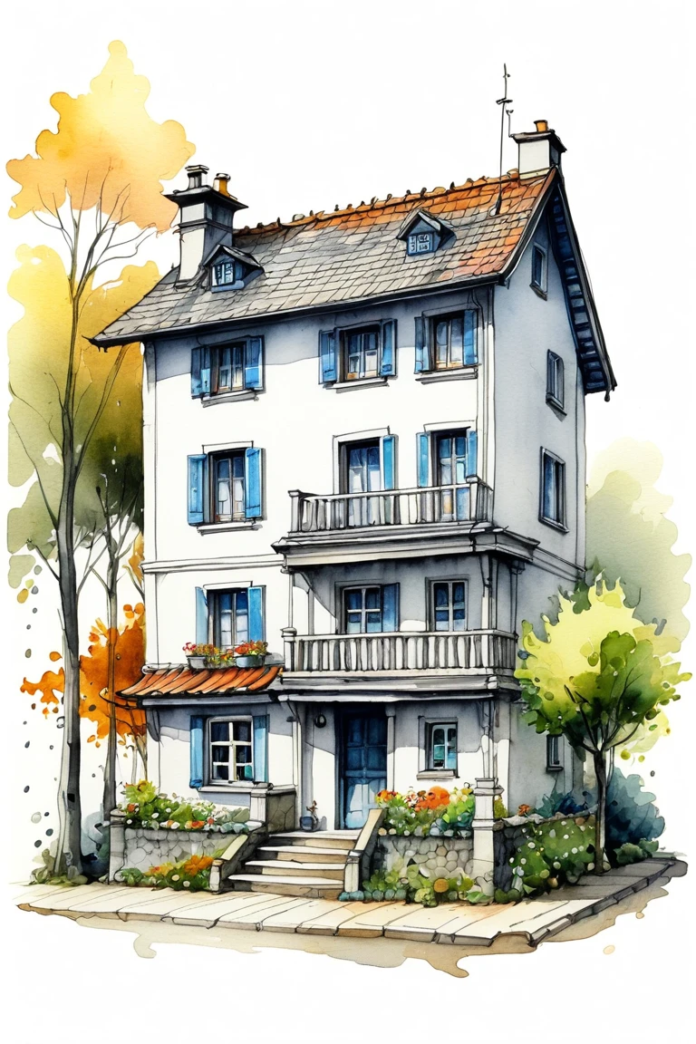 Cute cozzy sweet home quick drawing, ink and wash, fluid lines, light watercolors, (Best quality, perfect masterpiece, Representative work, official art, professional, High detail, Very complex detailed:1.3)