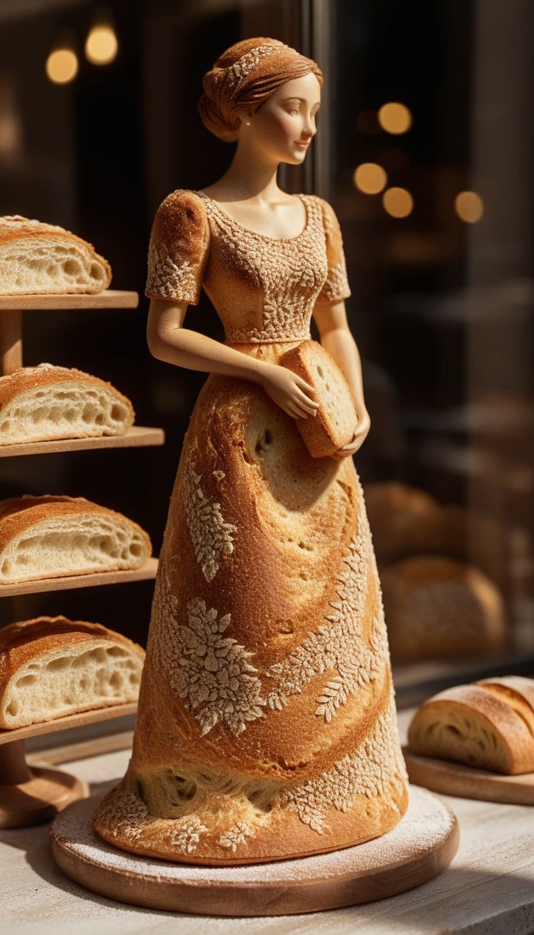 a small bread figure of woman, made of piece of bread, detailed bread texture, elegant dress made of burnt bread crusts, delicate features, intricate bread details, bread art,  figurine stands on bakery window display, warm lighting, artful composition, intricate details, soft pale colors, cinematic atmosphere, elegant pose, beautiful lighting and shadows, realistic 3d rendering, high quality, masterpiece, bread texture