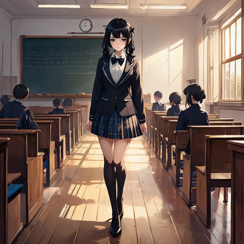 1 girl, manuscript,  Great Performance, illustration,  Very nice and beautiful ,   with perfect detail  , Realistic portrait

Bow tie, black hair, full body school uniform