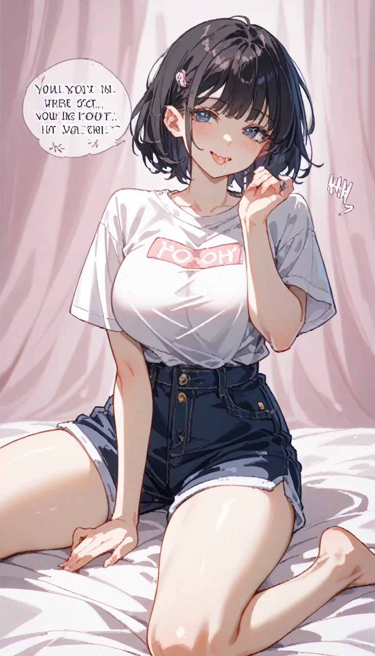 Detailed Background、Detailed people、HD, 32K, Realistic depiction、masterpiece、Score_9, Score_8_On top of that, Score_7_On top of that, Score_6_On top of that, Long straight black hair、Bangs、、、Landmine girl makeup, {{Super huge breasts}}, curve, short hair, blue Eyes, lazy girl fashion、(Hand and foot accessories,Absolute territory、shorts)、 Under the chest, ,  Kneel, Staring at the camera、 smile, whole body、Embrace your chest、Please open your mouth a little、Sticking out tongue、A lewd mouth wet with saliva、Leaning forward、swallow、Pink lighting、Dimly lit love hotel bedroom、、night、With your right hand, bring your chest closer、Emphasize your chest with your right hand、motion blur、Blowjob handjob gesture with left hand、Hair behind ears、(((Tons of sound effects、A lot of dialogue、steam))),