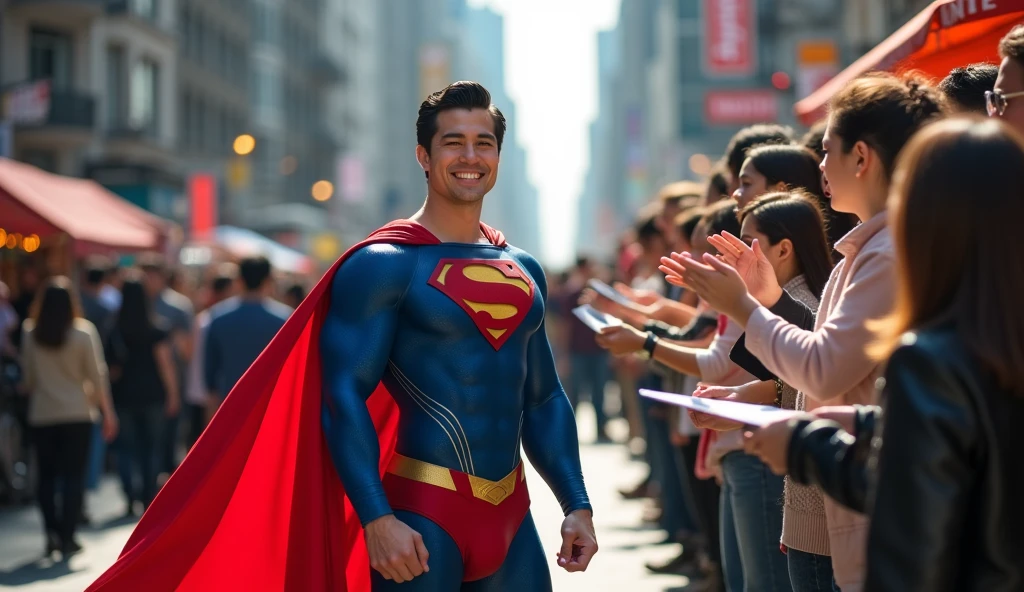 Superman,a 30-year-old Korean face, attractive, the blue Superman suit with muscular,, (black undercut, blue tights and red cape and red boots and red briefs：0.8), He fly on Taipei101, patriotic smile, 16k,UHD, dslr, insane details, award-winning photo,HD
Superman is standing on a busy city street. The sun is shining brightly, casting a warm glow on the scene. Superman is wearing the iconic Superman suit, complete with the red cape flowing slightly in the breeze. His dark hair is neatly styled, and he has a broad, friendly smile on his face. He's holding a pen in one hand and a stack of photographs in the other, which he's signing for a large, enthusiastic crowd of fans. The fans, a diverse mix of ages and backgrounds, are excitedly reaching out with their own items to be signed, such as comic books, posters, and memorabilia. Some fans are holding up their phones, capturing the moment with photos and videos. The background is bustling with city life, with tall buildings, street vendors, and other pedestrians going about their day. There's a sense of energy and excitement in the air, as people in the crowd chat and share their excitement about meeting their hero. The overall atmosphere is one of joy and admiration, with Superman bringing a bit of magic to an ordinary day.