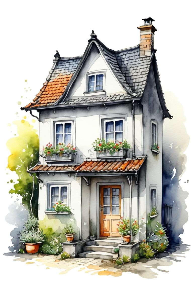 Cute cozzy sweet home quick hand drawing, ink and wash, , light watercolors, (Best quality, perfect masterpiece, Representative work, official art, professional, High detail, Very complex detailed:1.3)