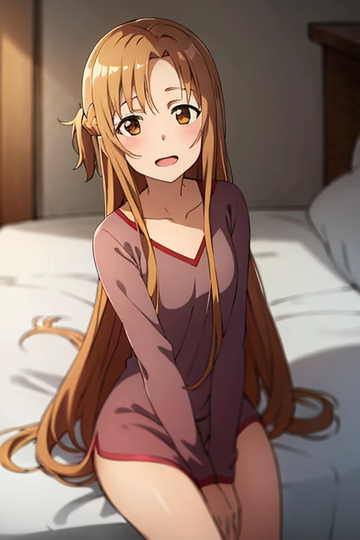 ((Best Quality)), ((masterpiece)), (be familiar with),  perfect face, indoor, bedroom,  watching viewers,
One woman, Yuuki Asuna,
Open Mouth, Ecstatic expression, blush, smile,
Small breasts,  flat chest, , , child, Girl,
Long Hair,  long hair,
Leg spread,