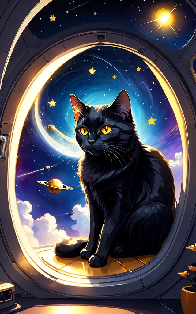 1 noble black cat、 sitting in a spaceship window outside the window 、Golden Eyes、Stars 々 and outer space spreads out